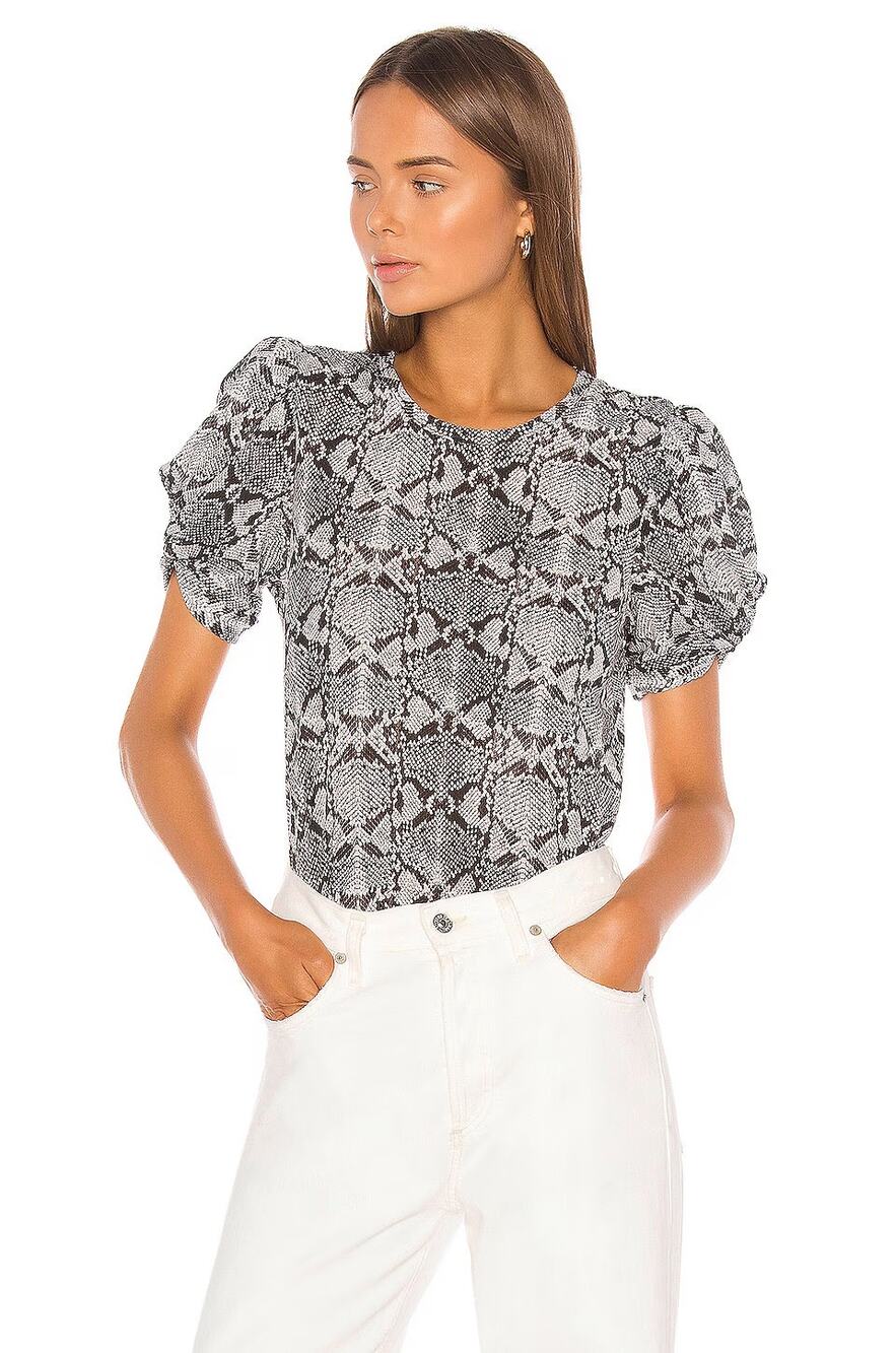 A.L.C. ALC Kati Snake Print Puff Sleeve Short Sleeve Tee Top Large L